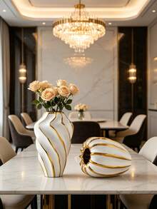 White Gold Fluted Rim Ceramic Flower Vase, 1 Piece Luxury Tabletop Ornament - 1PC - View 2