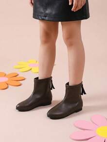 1 Pasang Sepatu Bot Ankle Anak Perempuan Vintage Cokelat Mengkilap dengan Resleting Belakang, Cocok untuk Pemotretan dan Jalan-jalan - Chocolate Brown - View 1