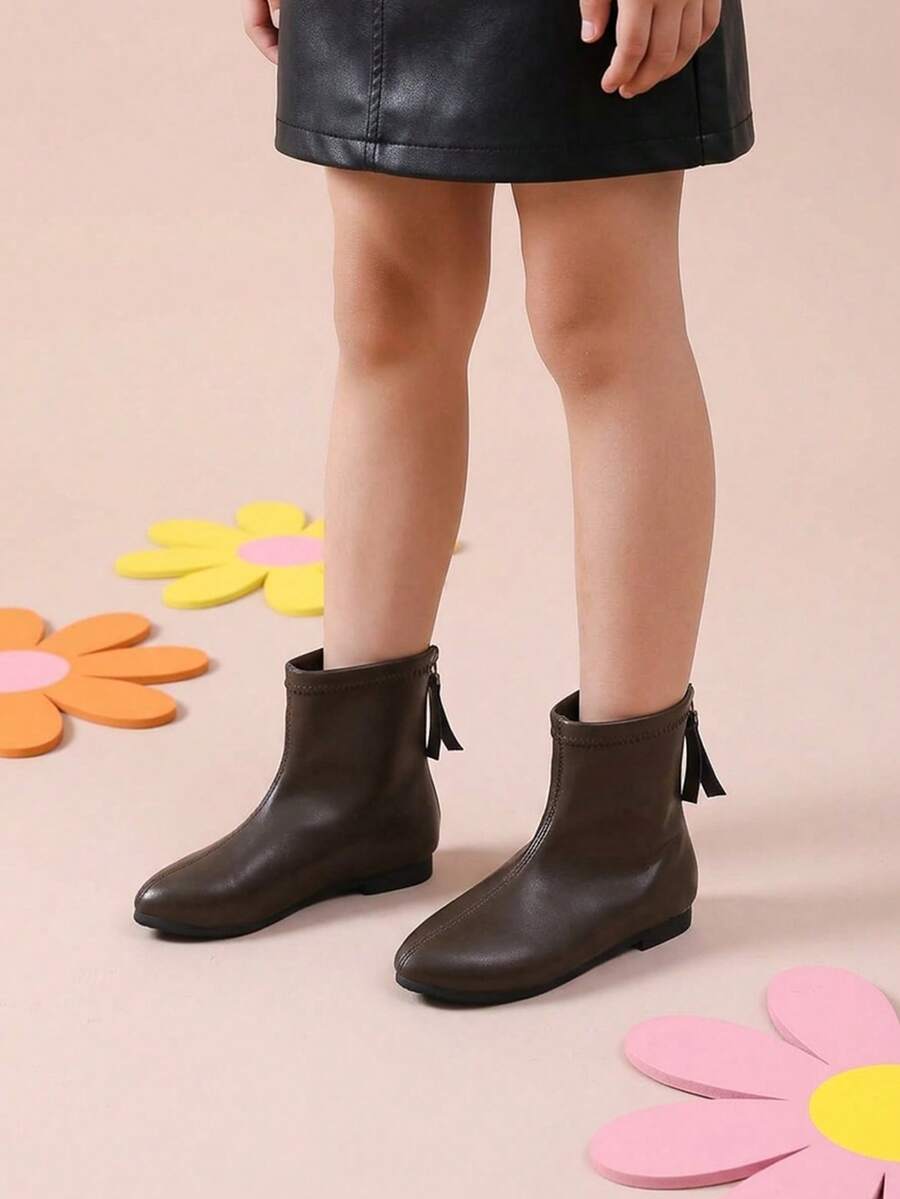1 Pasang Sepatu Bot Ankle Anak Perempuan Vintage Cokelat Mengkilap dengan Resleting Belakang, Cocok untuk Pemotretan dan Jalan-jalan - Chocolate Brown - View 1