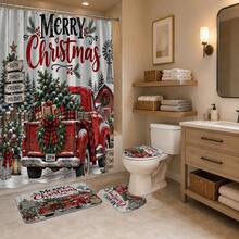 1pc/4pcs Country Farmhouse Style Christmas Red Truck Pattern Multi-Functional Bathroom Decor Shower Curtain Set, Free 12 Hooks, Premium Holiday Atmosphere, Bathroom Mat, U-Shaped Bath Mat And Round Toilet Lid Cover, Suitable For All Scenes Decoration Bathroom Set - Rustic Farmhouse Christmas Red Truck - View 4