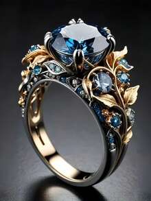 1pc Dual-Tone Leaf Ring, Vintage Blue Copper Statement Ring, Grapevine And Floral Design, Lightweight Luxury Baroque Style Ring, Unisex, Daily Party Anniversary Gift - Two-color - View 1