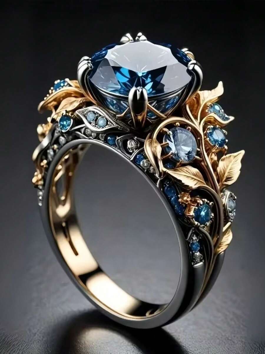 1pc Dual-Tone Leaf Ring, Vintage Blue Copper Statement Ring, Grapevine And Floral Design, Lightweight Luxury Baroque Style Ring, Unisex, Daily Party Anniversary Gift - Two-color - View 1