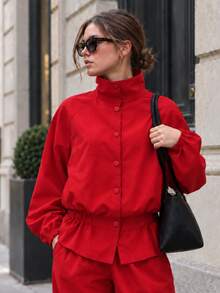 Women's Red Polyester Stand Collar Long Sleeve Jacket With Ruffle And Pocket Details, Non-Stretch Regular Fit - Red - View 2