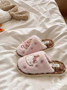 Hello Kitty Cartoon Kitten Design Women's Plush Slippers, Christmas Theme Slip-On Comfortable Flat Bedroom Slippers - Pink - View 5