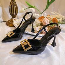 1 Pasang Sepatu Hak Tinggi Wanita, Serbaguna untuk Musim Semi/Musim Gugur, Gaya Glamor Seksi dan Modis, Warna Polos PU dengan Dekorasi Logam Murni, Cocok untuk Pernikahan, Kantor, Pesta, Musim Semi/Panas/Musim Gugur/Musim Dingin, 1 Pasang Sandal Hak Tinggi, Bahan PU Cermin Warna Polos + Dekorasi Gesper Persegi Emas, Desain Bertali, Sandal Wedges Elegan Hak Tinggi Stiletto Ujung Lancip, Cocok untuk Pesta, Belanja, Perjalanan, Liburan, Pakaian Luar Ruangan, Gaya Baru Musim Panas (Ukuran Lebih Kecil Satu Ukuran) - Hitam - View 9