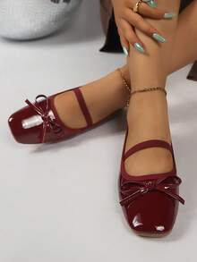 Women Retro Square Toe Bow Mary Jane Ballet Flats, Patent PU Single Strap Comfortable Daily Wear Shoes - Burgundy - View 6