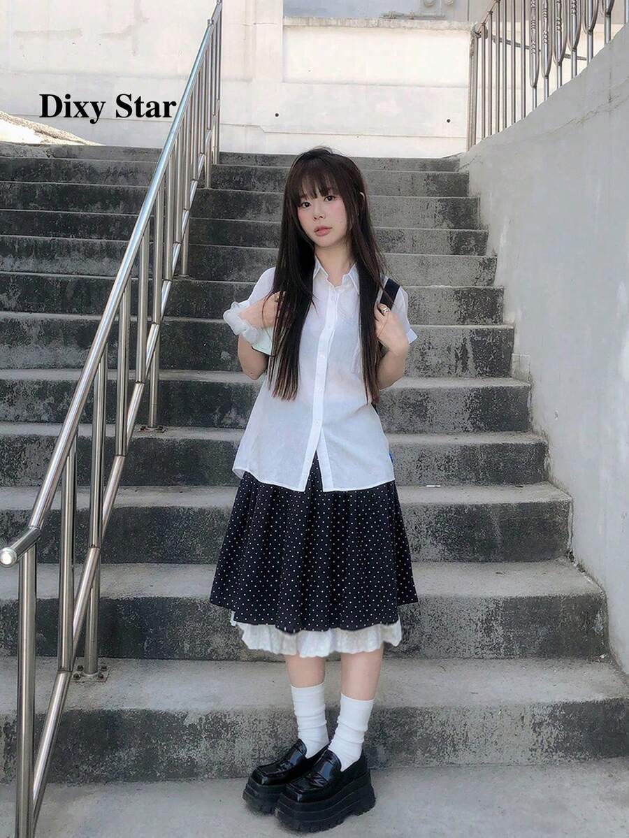 Rok Petite Motif Polkadot Retro Gaya Korea dengan Hiasan Renda dan Patchwork (Motif Polkadot Acak) - Angkatan laut - View 1