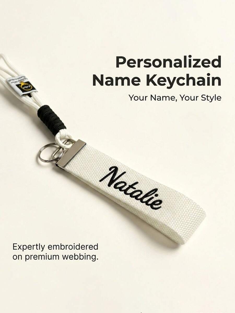 Custom Embroidered Name Canvas Keychain Wrist Strap, Personalized Name Tag, Macaron Color Woven Strap, Personalized Bag Charm Keychain Accessory - Multicolor - View 1