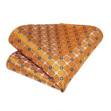 Business Commute Men's Tie 4-Piece Set Orange Gold Blue Plaid Handkerchief Cufflinks Silver Tie Clip Formal Outfit Matching - Yellow - View 3