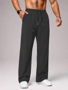 Men's Solid Color Sporty Woven Wide Leg Pants With Zipper Pockets, Suitable For Outdoor Activities, Fitness And Casual Daily Wear - Dark Grey - View 5
