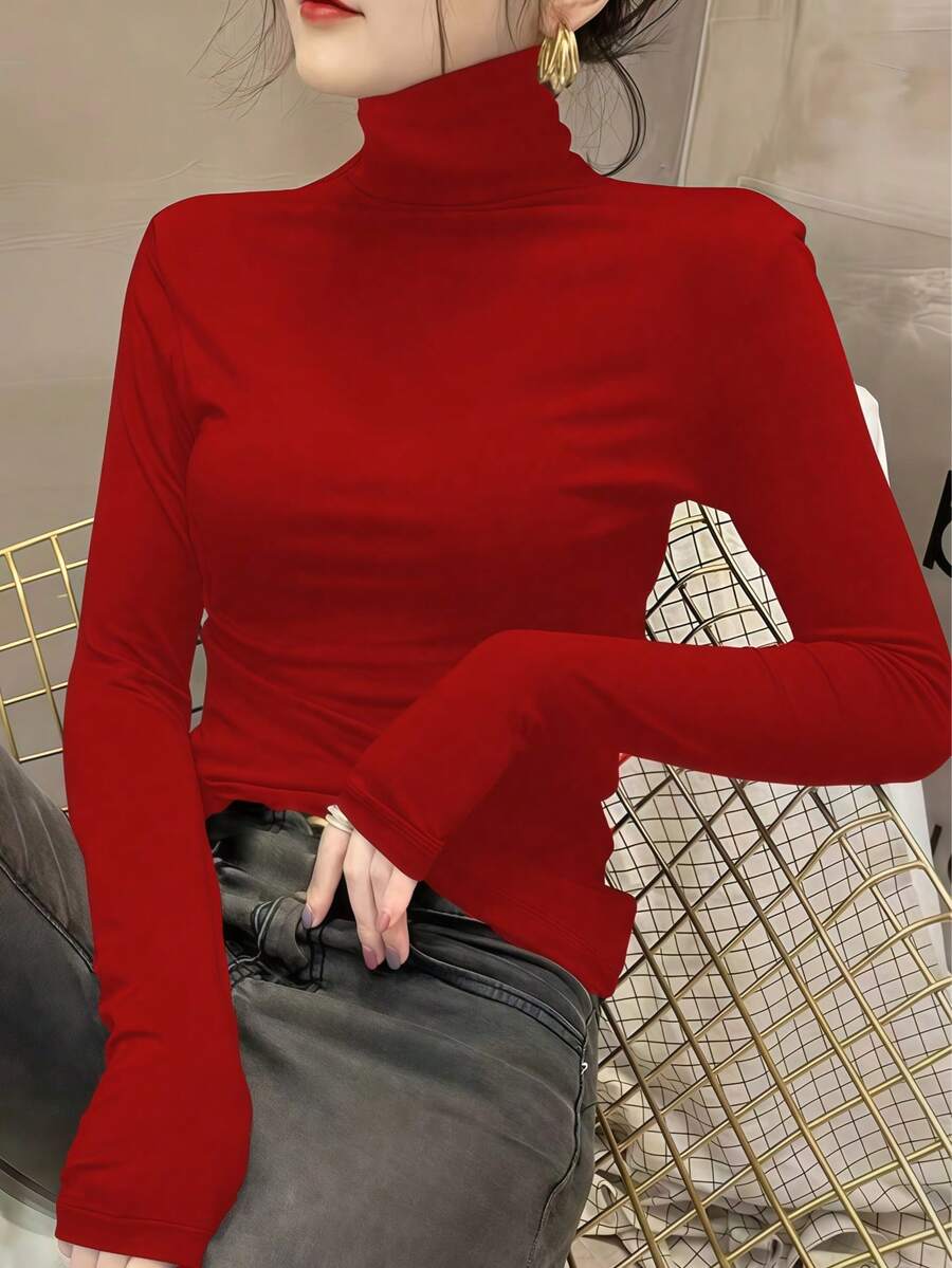 女款高領高領內搭上衣，2024春夏秋冬新款，長袖黑色薄款上衣