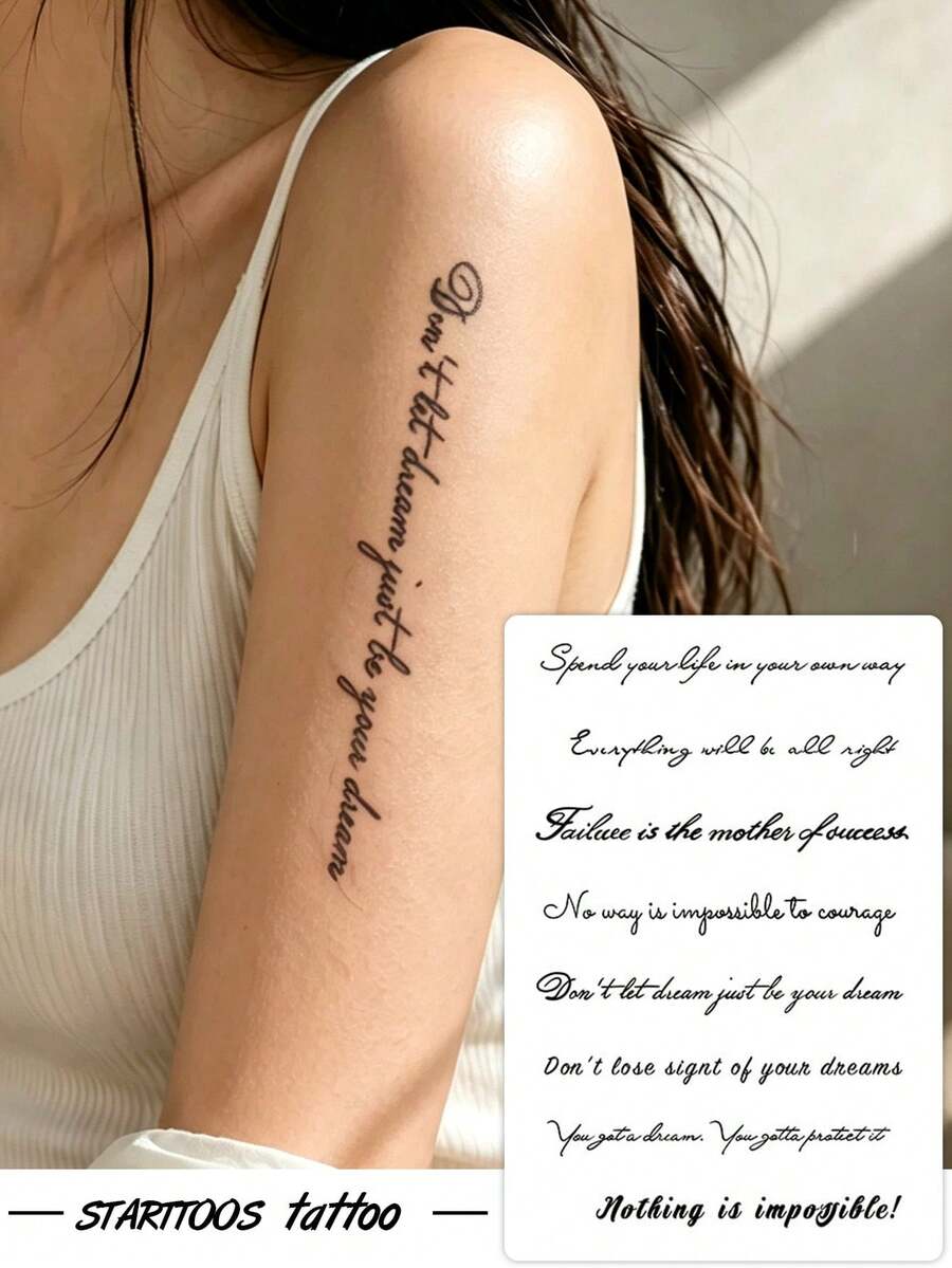 STARTTOOS 1pc Black Ins Style Minimalist Handwritten Cursive English Quote Pattern Party Gift Music Festival DIY Holiday Gift Temporary Waterproof Tattoo Sticker For Arm - Black - View 1