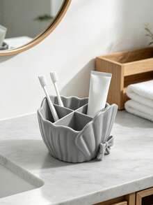 Bowknot Ruffle Shell Design 4-Slot Toothbrush Holder, Bathroom Countertop Toothpaste Makeup Brush Storage Rack, Multi-Functional 3D Printed Desktop Small Item Sorting Storage Basket, Home Use - Multicolor - View 9