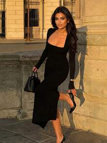 Women's Elegant Black Slim Fit Long Dress - Black - View 1