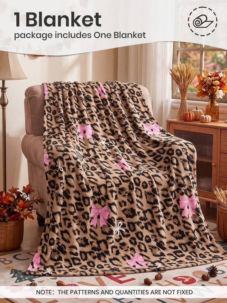 1pc Leopard Print Bow Flannel Blanket, Single-Sided Print, Soft And Lightweight, Cartoon Pattern, Comfortable And Easy To Care For, Multi-Purpose Blanket, Suitable For Bedroom, Sofa, Study And Dorm, Room Decor, Autumn Home Decor, Ideal Autumn Gift, Perfect Birthday Gift - Multicolor - View 3