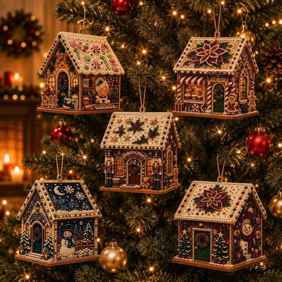 3D Wooden Christmas House Diamond Painting Kit, Pearl Rhinestone DIY Decor - View 1