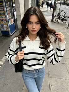 Autumn/Winter New Button Polo Collar Women's Striped Base Layer Top, Fashionable High-End Minimalist Pullover Versatile Sweater - White - View 11