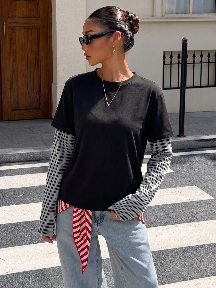 Vintage Striped 2 In 1 Long Sleeve T-Shirt Women's Autumn Inner Layer Base Top Design - Black - View 1