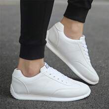 Men's Lightweight Breathable Solid Color Round Toe Low-Top Lace-Up Flat Casual Sneakers, All-Season White Board Shoes - White - View 3
