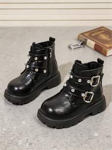 1 Pair Girls' Cool Black Luxury Fashion Short Ankle Riding Boots, Glossy PU Leather Upper, Double Buckle Design With Rhinestone Decor And Metal Square Buckle, Side Zipper, Round Toe, Suitable For Children, School, Commute, Outdoor, Autumn/Winter New Style - Black - View 1
