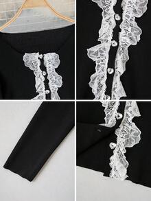 French Style Lace Trim Long Sleeve Knit Sweater Women Autumn/Winter Design Heart Button Slim Fit Inner Layer Base Layer Short Top - Black - View 10