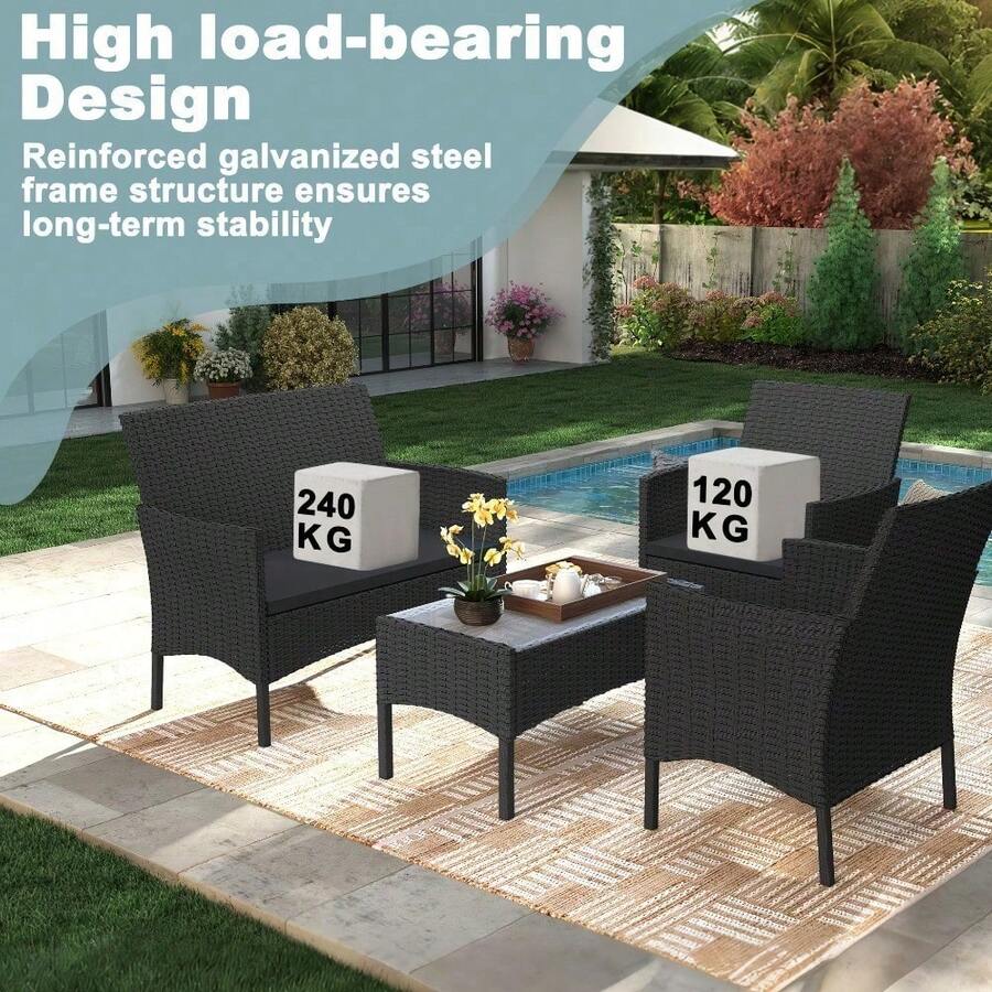 Four-Seater Rattan Garden Furniture Set, Polyester Rattan Gazebo Furniture With Galvanized Steel Frame And Tempered Glass Table For Patios, Balconies, Gardens, Poolside And Conservatories - 4-seater - View 1