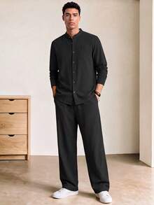 Voidago Men's Solid Color Fabric Comfortable Breathable Material Polo Collar Double Pocket Loose Long Sleeve Shirt, Contrast Color Drawstring Decor - Black - View 1
