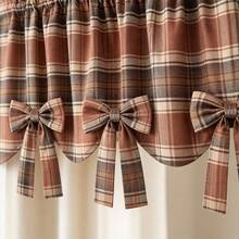 1pc Vintage Brown Plaid Bowknot Window Curtain, American Country Style Short Rod Pocket Curved Hem Kitchen Decor Window Blind, Drill-Free Small Window Room Commercial Shelf Covering Decorative Curtain Designer Premium - Multicolor - View 10