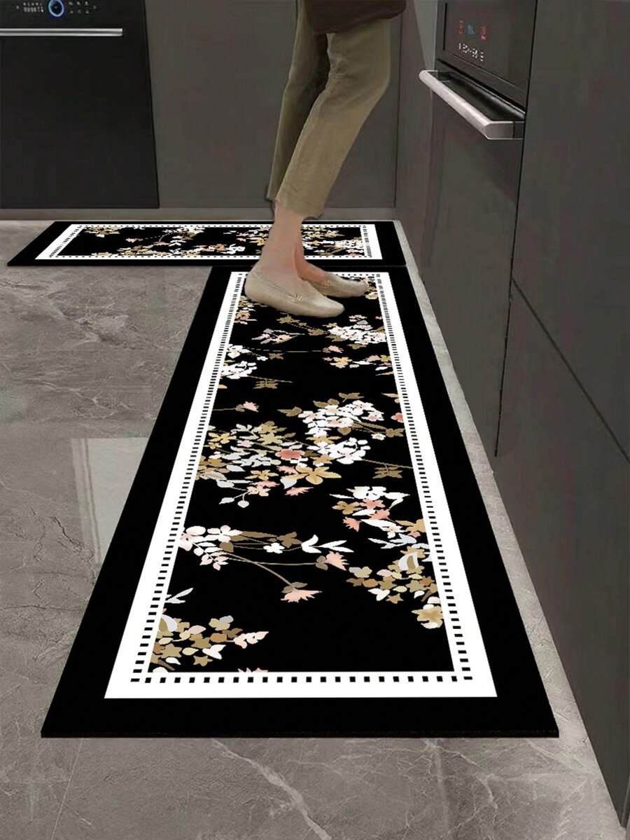 1pc Black Background Vintage Floral Branch Diatom Mud Mat, 3.5mm Cuttable, Water Absorbent & Non-Slip, Kitchen Carpet Bathroom Floor Mat Outdoor Garden Decor Multi-Scene Applicable - Multicolor - View 1