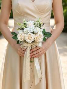 Boho Wedding Bouquets Bride Bouquets Artificial Roses Flowers For Bride Bridesmaid Bouquets, Wedding Prom Church Decoration, Ceremony, Anniversary - Beige - View 9