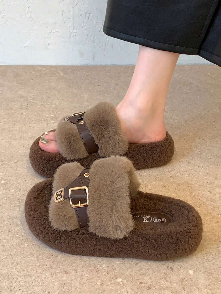 Women's New Winter Thick Sole Fuzzy Slippers, Outdoor Wear Autumn Fairy Style Slouchy Height Increasing Home Indoor Office Slippers Spring & Autumn - Khaki - View 1