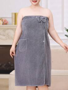女款大尺碼加厚浴袍/浴帽/浴巾/居家休閒服套裝 - 灰色 - 查看 4