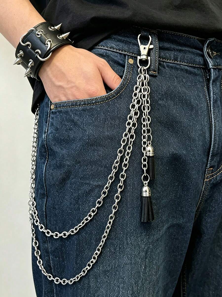 1pc Gothic Style Pants Chain, Hip-Hop Multi-Layer Tassel Metal Waist Chain, Versatile Punk Leather Tassel Pendant Pants Chain - Silver - View 1