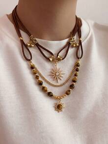2pcs Sunflower Necklace Set, Tiger Eye Beaded Chain, Rhinestone Star & Sun Pendant With Leather Cord, Bohemian Vintage Style, Women's Autumn Daily Gift - Gold - View 2