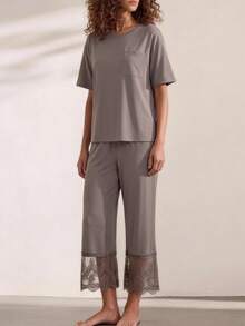2pcs/Set Women's Pajamas Loungewear Set, Pullover Round Neck Simple Short Sleeve Cropped Pants Set, Comfortable For Home Wear - Dark Grey - View 5