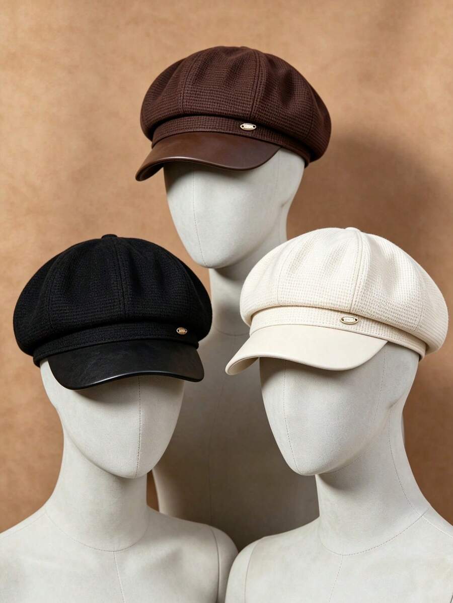 1pc Solid Color Elegant Metal Logo Decor PU Leather Brim Street Ins Retro Newsboy Cap, Women's Autumn/Winter Hot-Selling Fashion High-End Versatile Beret, Comfortable Casual Outdoor Sketching Gathering Shopping Photography Wear - Leather Brim Newsboy Cap - View 1