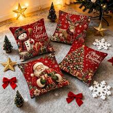 4pcs Red Background Christmas Snowman Reindeer Santa Claus Gift Christmas Tree Print Pattern Pillow Covers, Single-Sided 2D Flat Printing Process, 45x45cm (18x18in), Soft Comfortable Polyester Cushion Covers, Zipper Closure Machine Washable, Suitable For Living Room Bedroom Winter Holiday Home Decor (Pillow Covers Only, Pillow Insert Not Included) - Multicolor - View 8