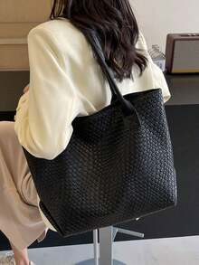 Women's Large Capacity Solid Color Woven Texture Tote Bag, Unique Design Shoulder Handbag, Versatile For Commuting, Shopping And Daily Outings - Black - View 3