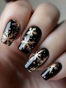 24 Pieces Black Background Gold Snowflake Gilded Christmas Winter Holiday Fake Nails, Medium-Long Rectangular Style Wearing Nails - Black - View 1