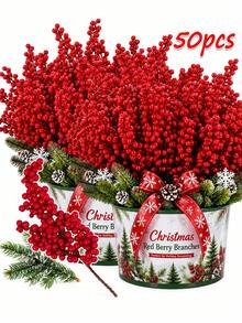 50Pcs Artificial Red Berry Branches, Realistic Plastic Holly Berry Stems For Christmas Tree Decor, Holiday Craft, Wedding Centerpiece And Home Decoration - Red - View 1