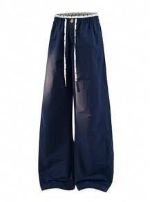 NBCT New Women's Pentagram Contrast Waist Drawstring Casual Long Pants, Summer Beach Sun Protection Girl Style Relaxed Lazy Daily Commute Travel Versatile Sports Long Pants - Navy Blue - View 2