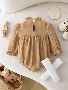 Autumn/Winter Baby Girl Cute Double Layer Cotton Gauze Bodysuit & Ruffle Collar Embroidered Puff Sleeve Stylish Outing Romper & Ribbon Bow Socks - Mustard Yellow - View 2