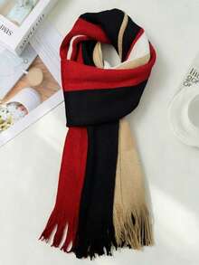 Autumn/Winter Couple Knit Plaid Multicolor Patchwork Tassel Warm Rectangular Scarf, Unisex Versatile Neck Warmer, Blanket - Red - View 6