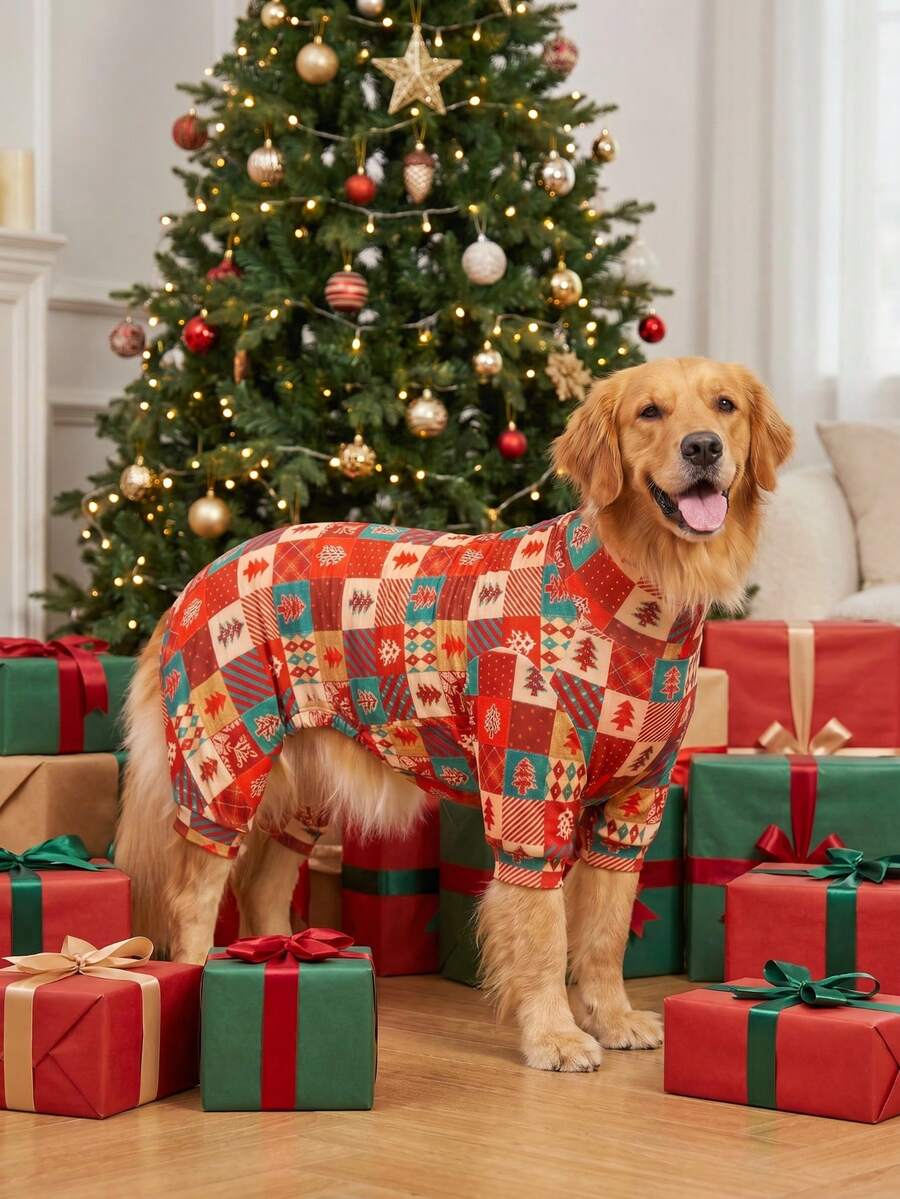 1 PC Piyama Anjing Natal - Romper Hewan Peliharaan Lembut Hangat dan Elastis Tinggi dengan Cakupan Penuh, Jumpsuit Pelindung Anti Jilat & Serangga untuk Anjing Kecil Sedang Besar, Baju Anjing Motif Cetak Seluruh Tubuh Natal - Pola Kotak-kotak Natal Kartun Lucu Berwarna-warni - MultiWarna - View 1