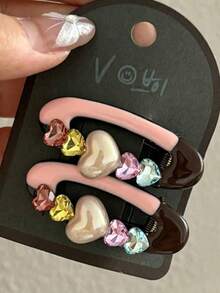 1pc Pink Heart-Shaped Hair Clip, Cute Girl Bangs Clip With Oil Painted Crystal Edge, Forehead Hair Accessory - Multicolor - View 1