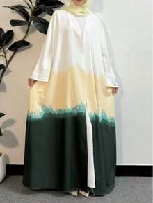 Women's Gradient Colorful Long Sleeve Woven Fabric Abaya, With Open Collar, Flowy Loose Long Islamic Robe, Suitable For Conservative Wear - Green - View 1