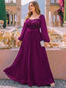 Plus Size Deep V-Neck Sequin Floral Lace Bishop Sleeve Chiffon Formal Evening Gown, Wedding Guest Dress, Suitable For Birthday, Graduation Ceremony - Maroon - View 6