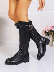 Women's Vintage Belt Buckle High Shaft Riding Boots, Round Toe Low Chunky Heel Side Zipper Tall Boots, Autumn/Winter Commute Versatile Slimming Long Boots, Black/Brown Available - Black - View 5