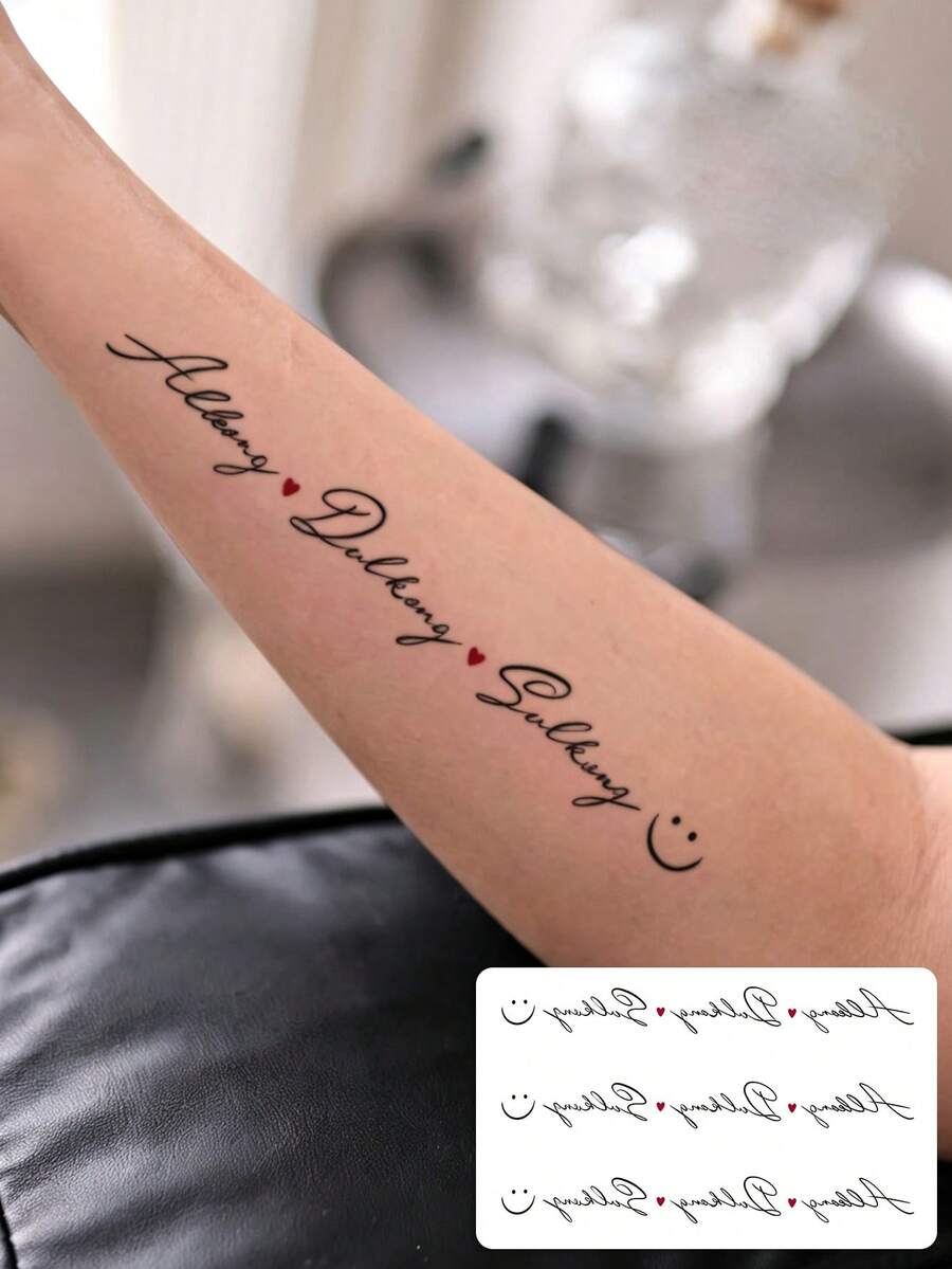 1張手寫草體金句臨時紋身貼紙,細線文字搭配小紅心,仿真紋身,極簡美學身體藝術,適合女性,防水手腕裝飾 - 彩色 - 查看 1