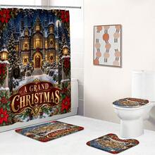 Set Dekorasi Kamar Mandi Natal Motif Kastil dan Pemandangan Salju Multifungsi 1pc/4pcs, Tirai Shower dengan Gratis 12 Kait, Keset Lantai U-Shaped dan Penutup Dudukan Toilet Bulat, Atmosfer Liburan Premium, Cocok untuk Semua Dekorasi Ruangan - Kastil Natal di tengah salju - View 7